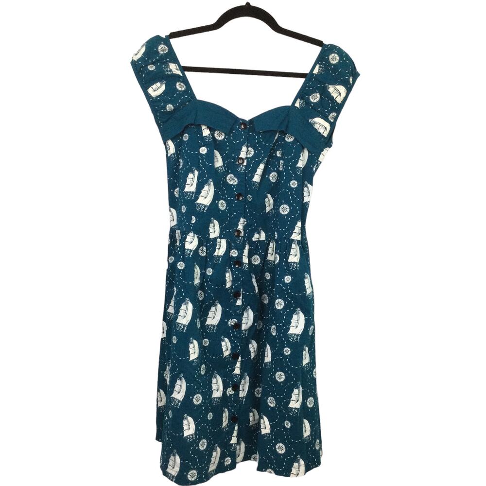 Sourpuss "Holly" Retro Nautical Pinup Whimsical Sweetheart Teal Dress M
